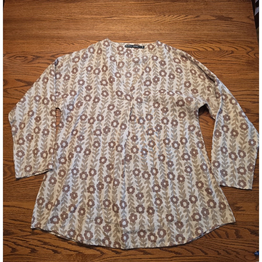 Gudrun Sjoden Tunic Top Women S Brown Linen Floral V Neck Popover Boho Lagenlook